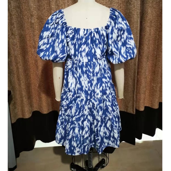 ANTHROPOLOGIE: Blue/White Puff Sleeve Tier Dress - Picture 5 of 5